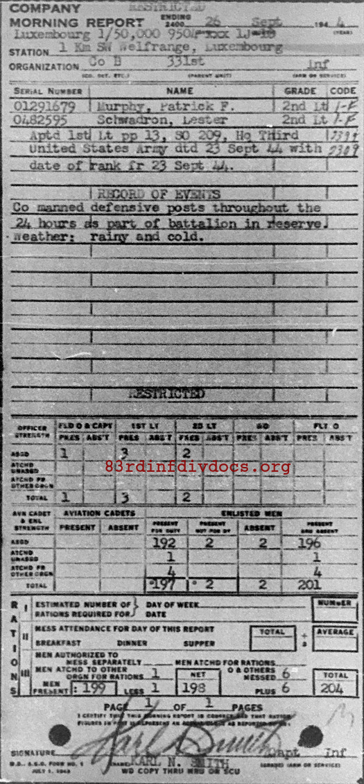 Morning report B Co, 1944-09-26, page 1 Morning report