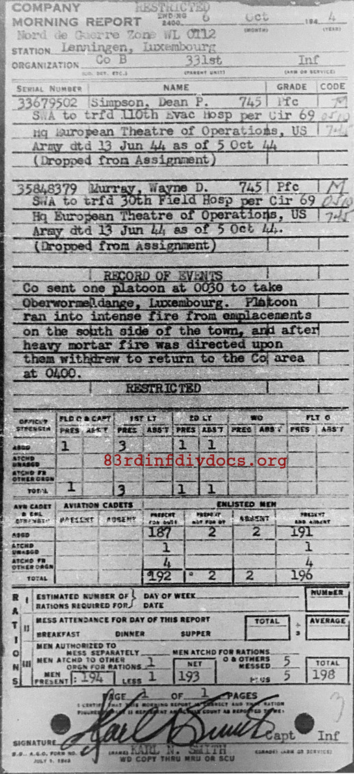 Morning report B Co, 1944-10-06, page 1 Morning report