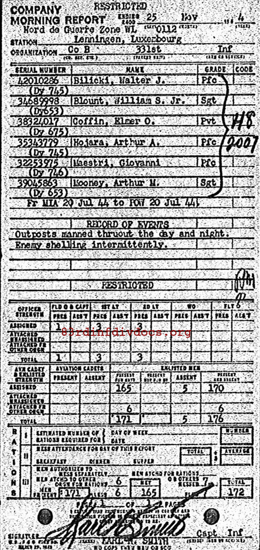 Morning report B Co, 1944-11-25, page 1 Morning report