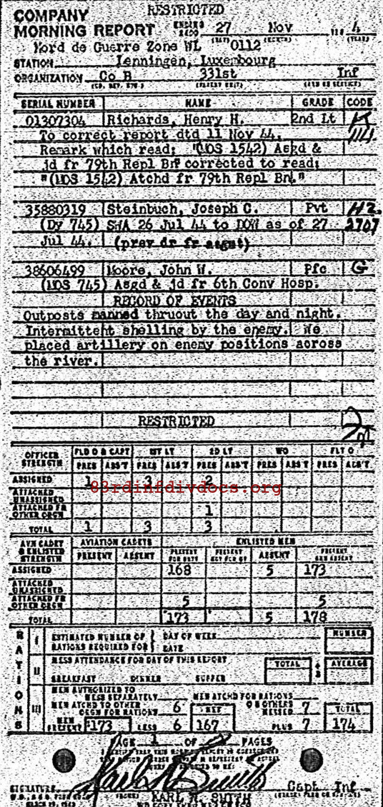Morning report B Co, 1944-11-27, page 1 Morning report