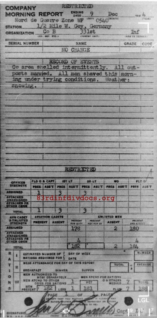 Morning report B Co, 1944-12-09, page 1 Morning report