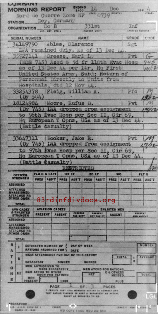 Morning report B Co, 1944-12-14, page 1 Morning report