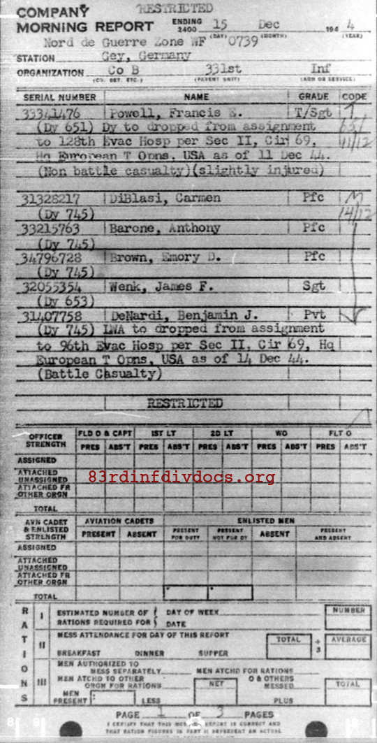 Morning report B Co, 1944-12-15, page 1 Morning report