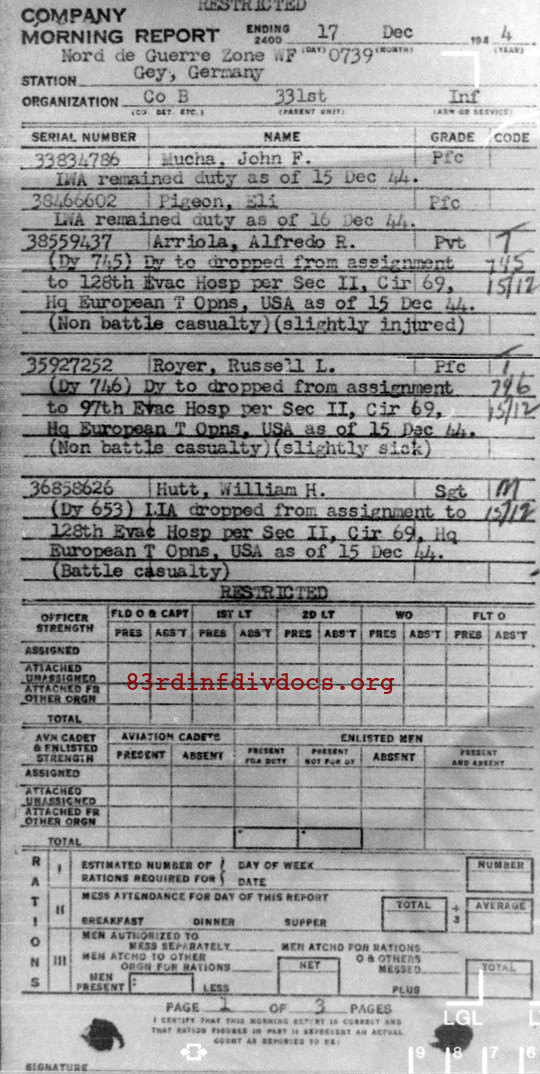 Morning report B Co, 1944-12-17, page 1 Morning report