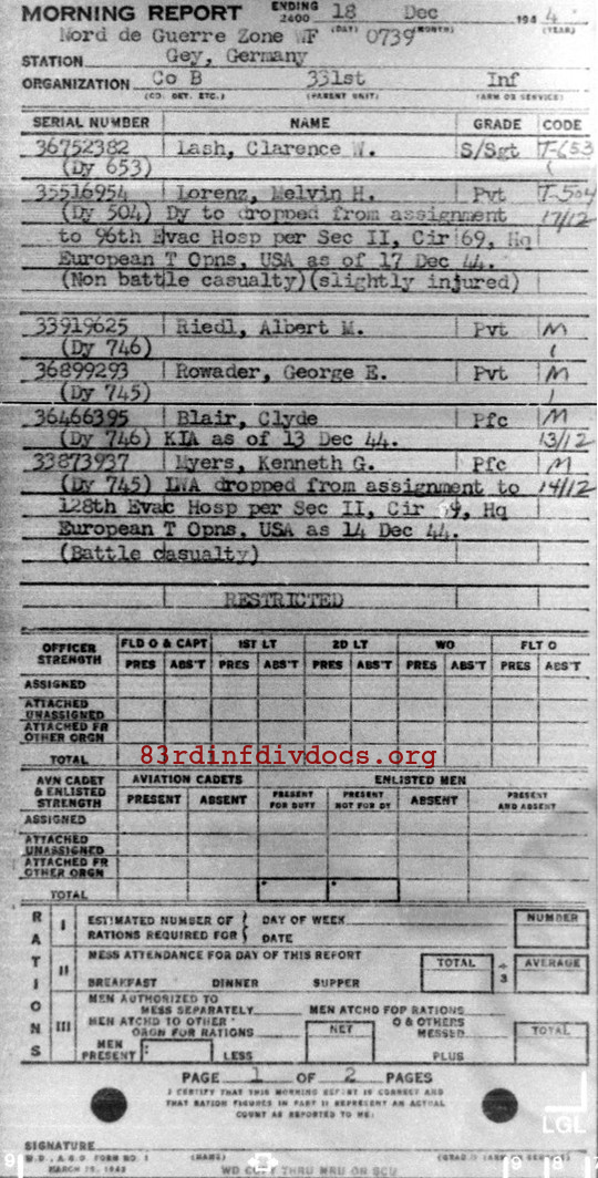 Morning report B Co, 1944-12-18, page 1 Morning report