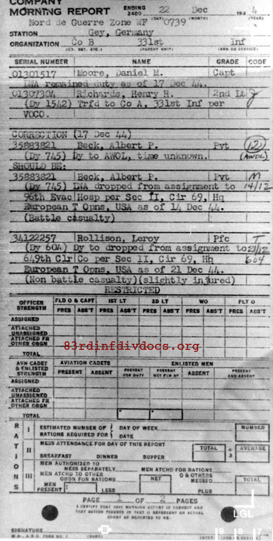 Morning report B Co, 1944-12-22, page 1 Morning report