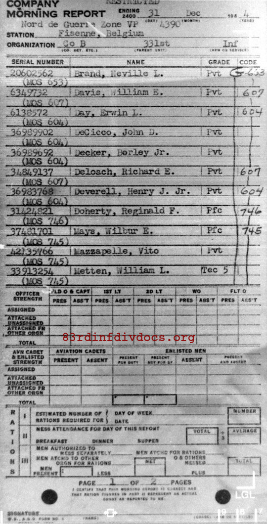 Morning report B Co, 1944-12-31, page 1 Morning report