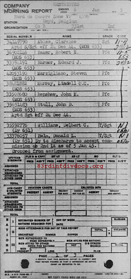 Morning report B Co, 1945-01-06, page 1 Morning report