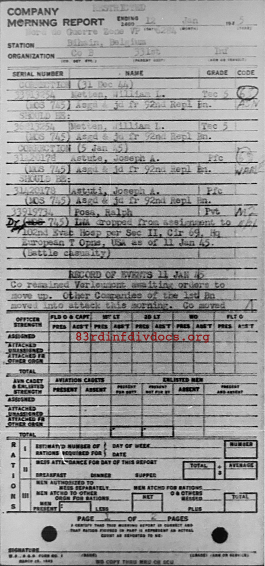 Morning report B Co, 1945-01-12, page 1 Morning report