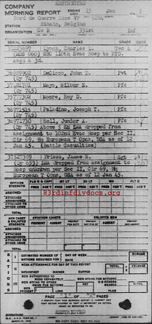 Morning report B Co, 1945-01-13, page 1 Morning report