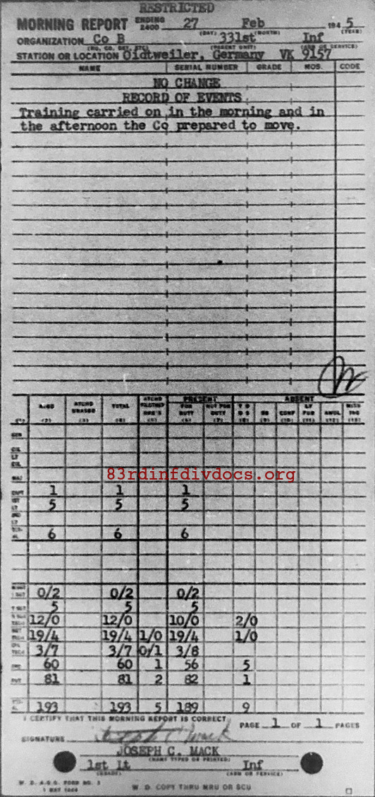 Morning report B Co, 1945-02-27, page 1 Morning report