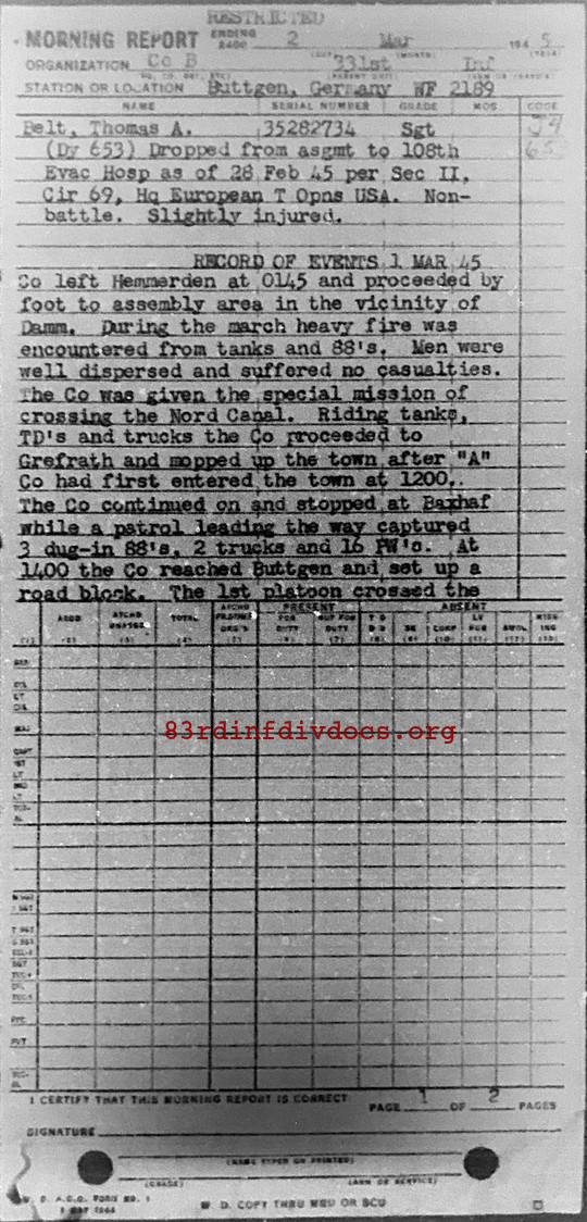 Morning report B Co, 1945-03-02, page 1 Morning report