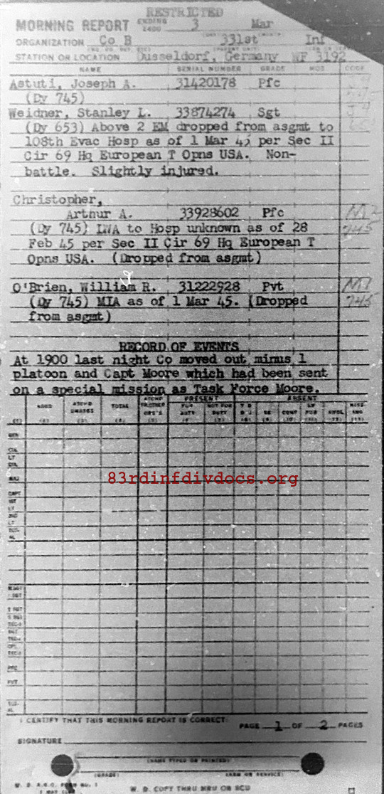 Morning report B Co, 1945-03-03, page 1 Morning report
