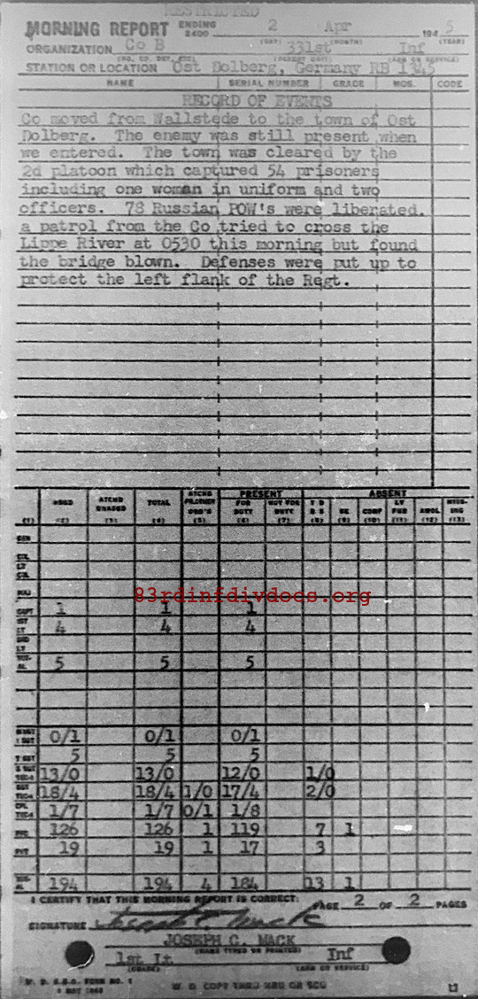 Morning report B Co, 1945-04-02, page 2 Morning report