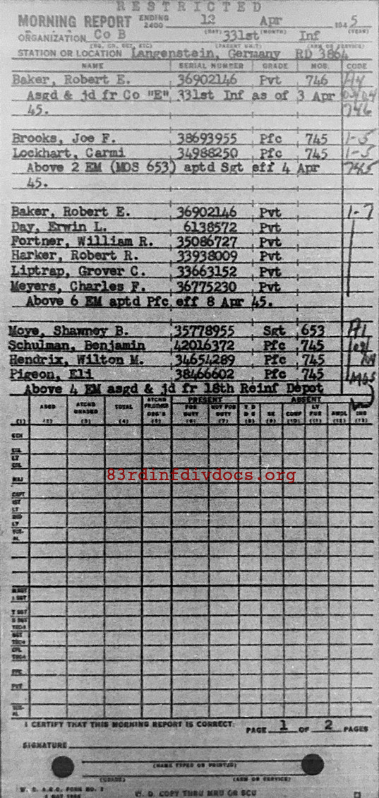 Morning report B Co, 1945-04-12, page 1 Morning report