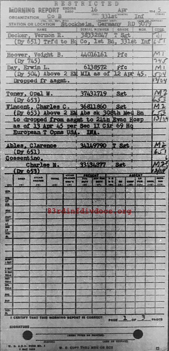 Morning report B Co, 1945-04-16, page 1 Morning report