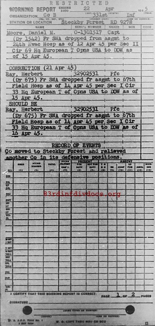 Morning report B Co, 1945-04-22, page 1 Morning report