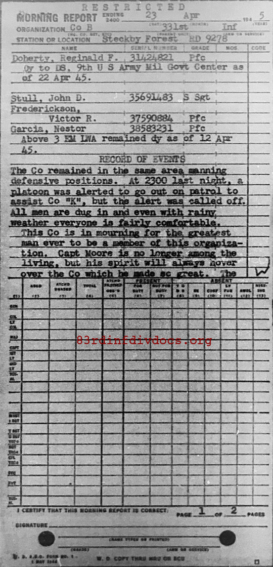 Morning report B Co, 1945-04-23, page 1 Morning report