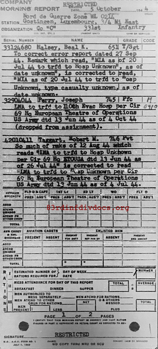 Morning report C Co, 1944-10-05, page 1 Morning report
