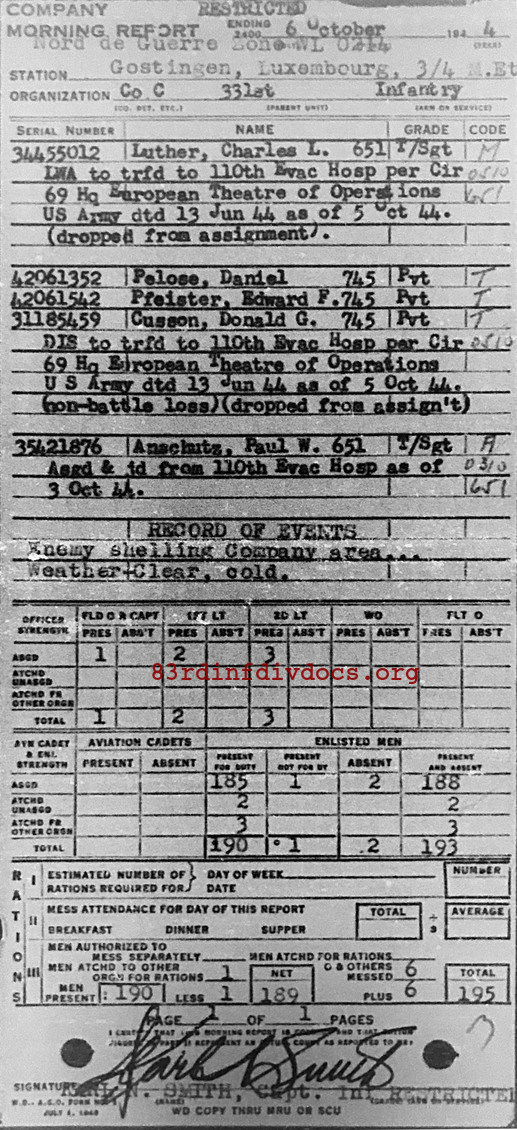 Morning report C Co, 1944-10-06, page 1 Morning report