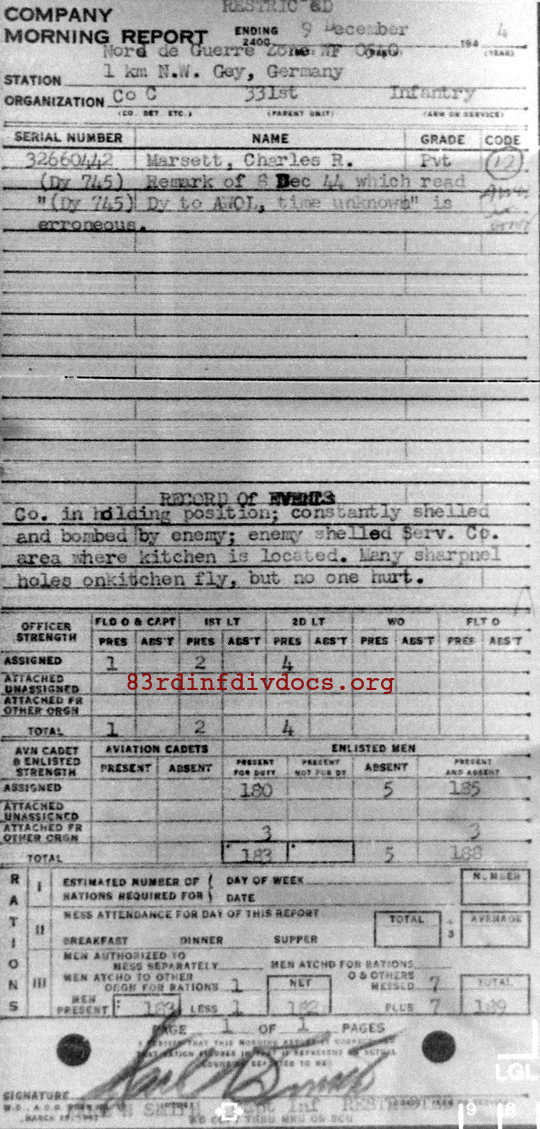 Morning report C Co, 1944-12-09, page 1 Morning report