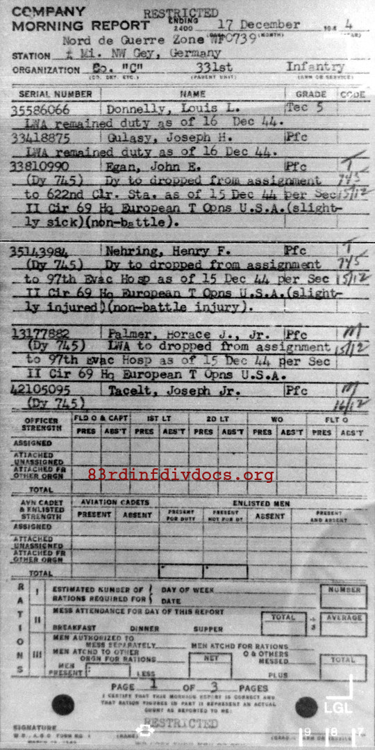 Morning report C Co, 1944-12-17, page 1 Morning report