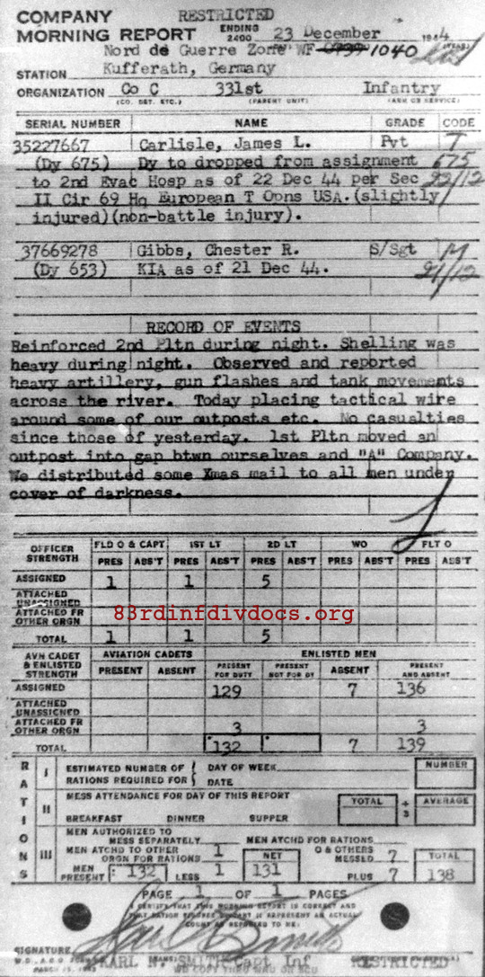 Morning report C Co, 1944-12-23, page 1 Morning report