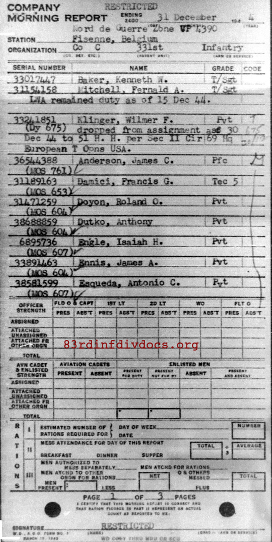 Morning report C Co, 1944-12-31, page 1 Morning report