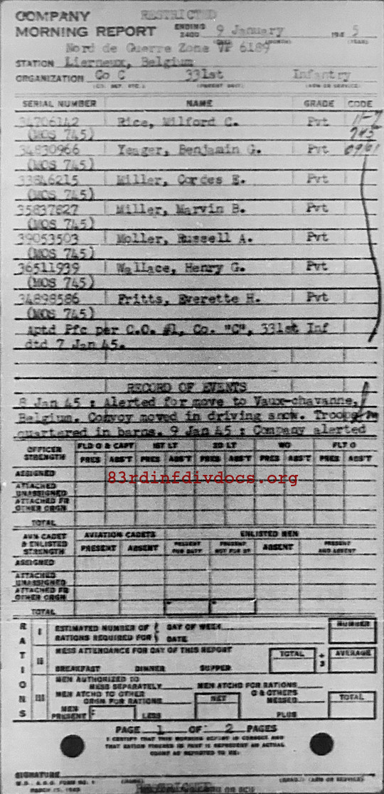 Morning report C Co, 1945-01-09, page 1 Morning report