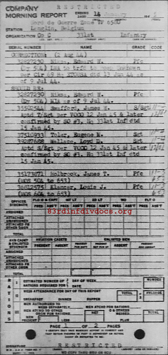 Morning report C Co, 1945-01-14, page 1 Morning report
