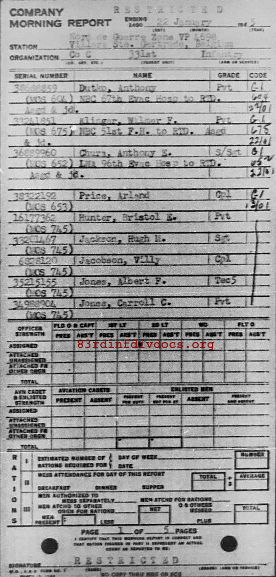 Morning report C Co, 1945-01-22, page 1 Morning report
