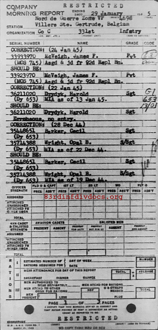 Morning report C Co, 1945-01-29, page 1 Morning report