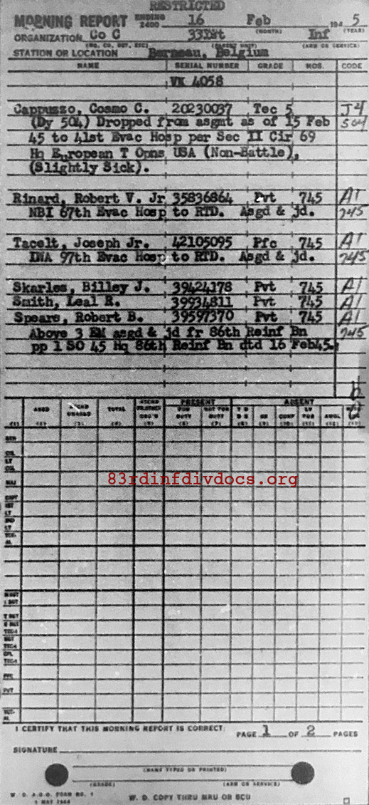 Morning report C Co, 1945-02-16, page 1 Morning report