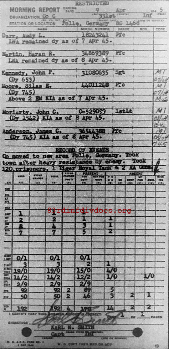 Morning report C Co, 1945-04-09, page 1 Morning report