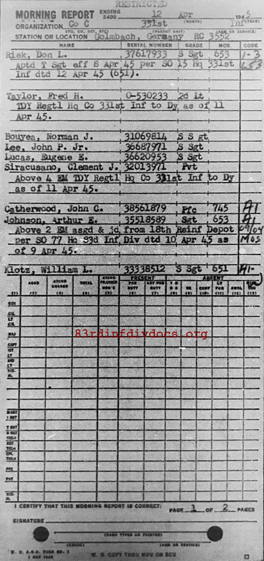 Morning report C Co, 1945-04-12, page 1 Morning report