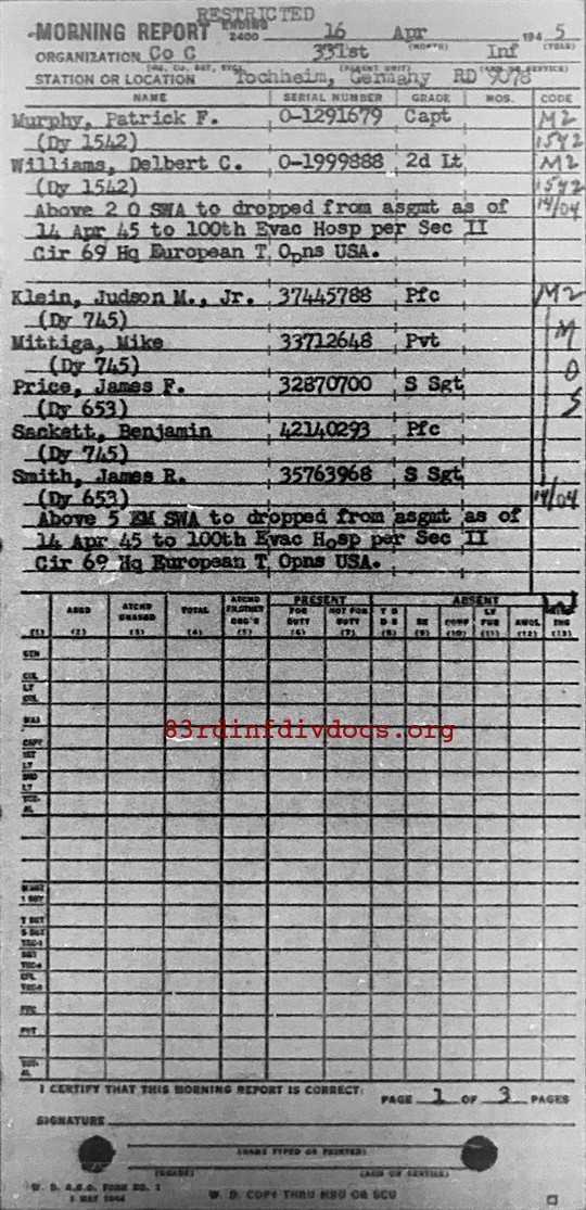 Morning report C Co, 1945-04-16, page 1 Morning report
