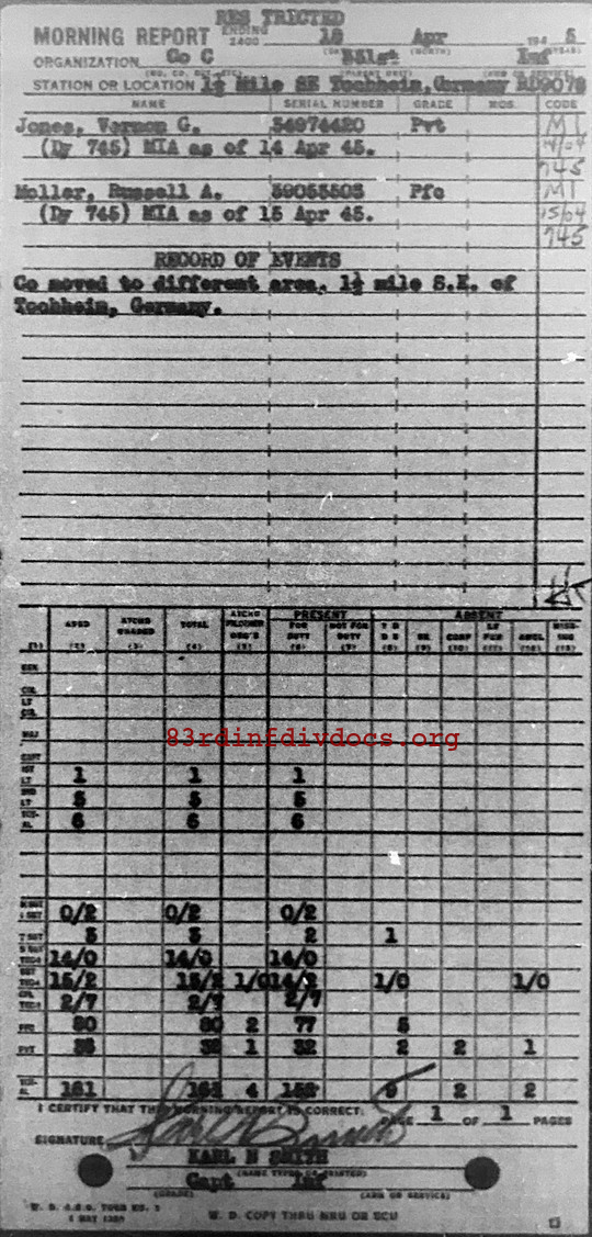 Morning report C Co, 1945-04-18, page 1 Morning report