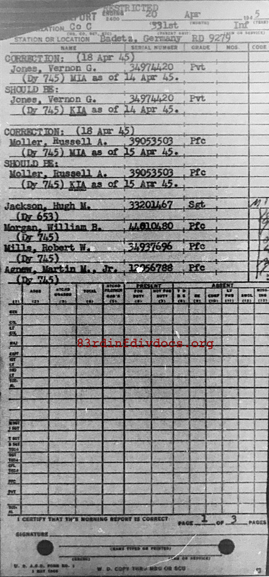 Morning report C Co, 1945-04-20, page 1 Morning report