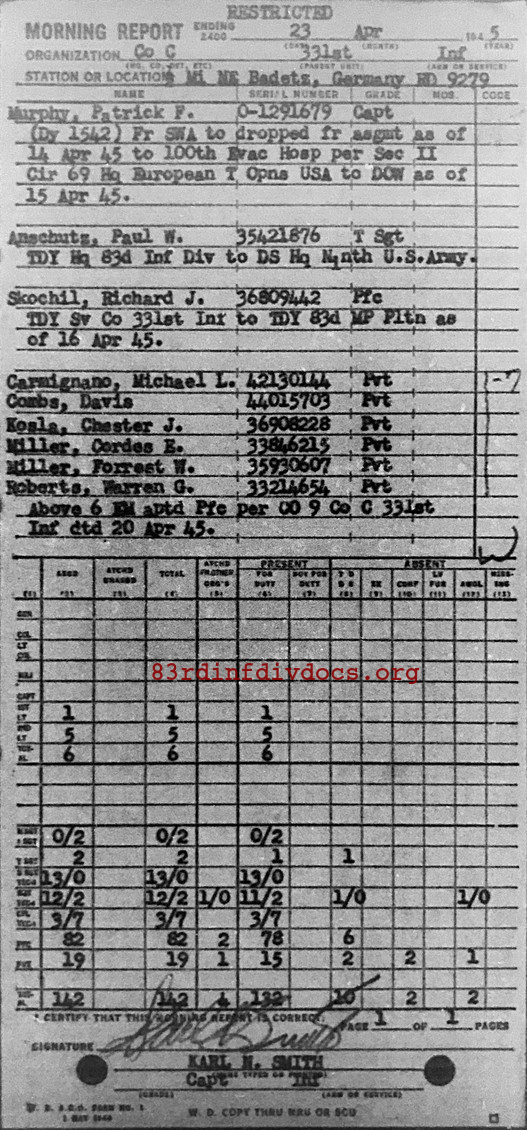 Morning report C Co, 1945-04-23, page 1 Morning report