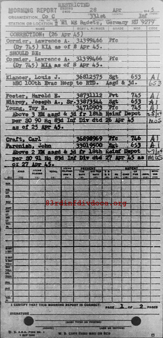 Morning report C Co, 1945-04-28, page 1 Morning report