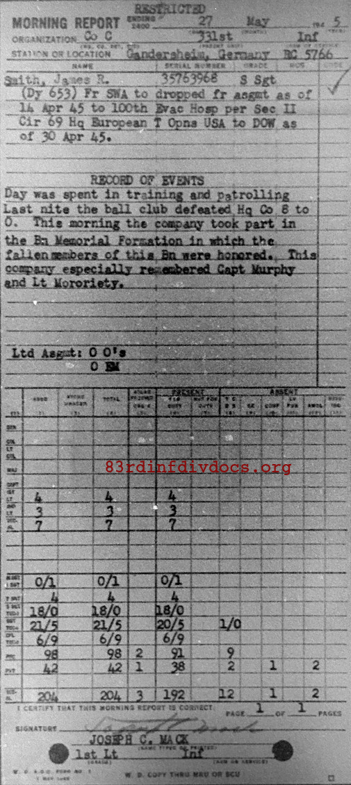 Morning report C Co, 1945-05-27, page 1 Morning report