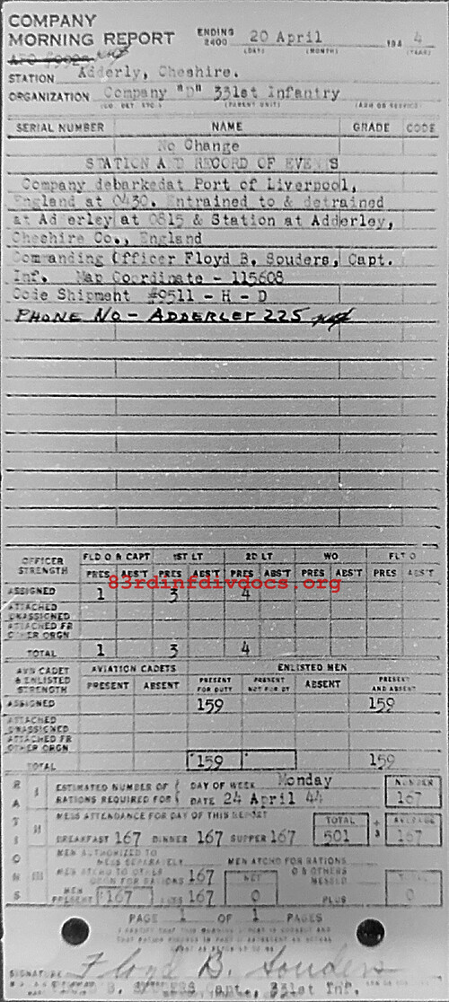 Morning report D Co, 1944-04-20, page 1 Morning report