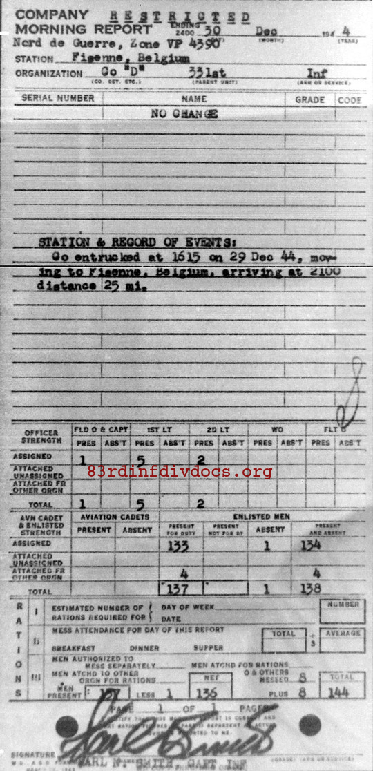 Morning report D Co, 1944-12-30, page 1 Morning report