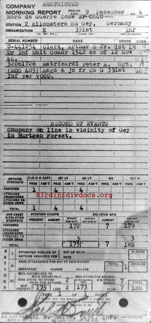 Morning report E Co, 1944-12-09, page 1 Morning report