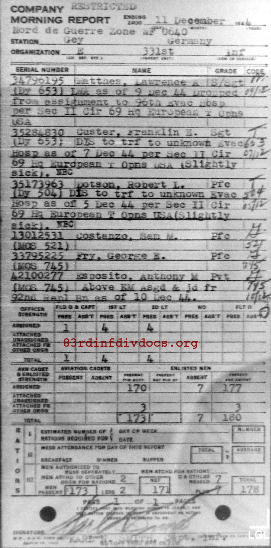 Morning report E Co, 1944-12-11, page 1 Morning report