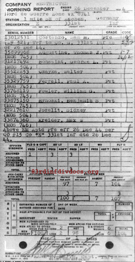 Morning report E Co, 1944-12-26, page 1 Morning report