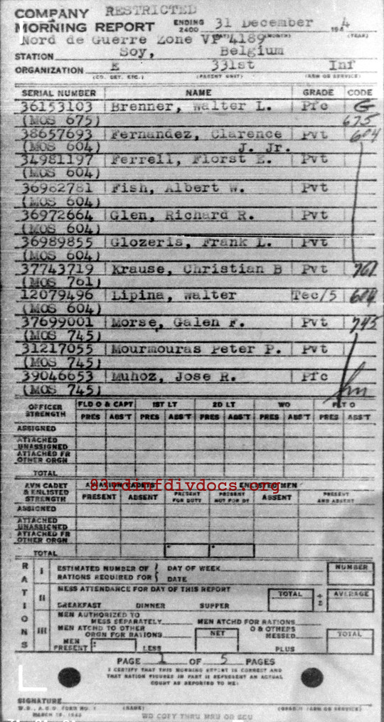 Morning report E Co, 1944-12-31, page 1 Morning report