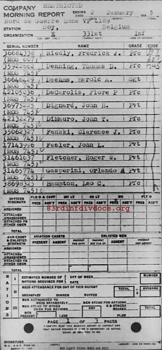 Morning report E Co, 1945-01-02, page 1 Morning report