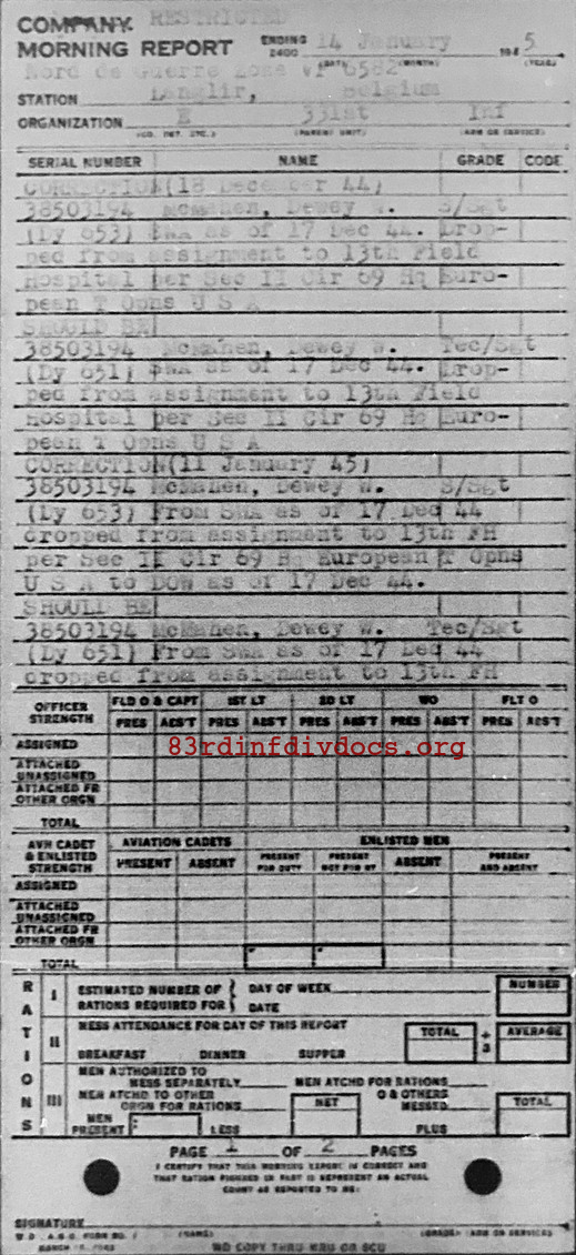 Morning report E Co, 1945-01-14, page 1 Morning report