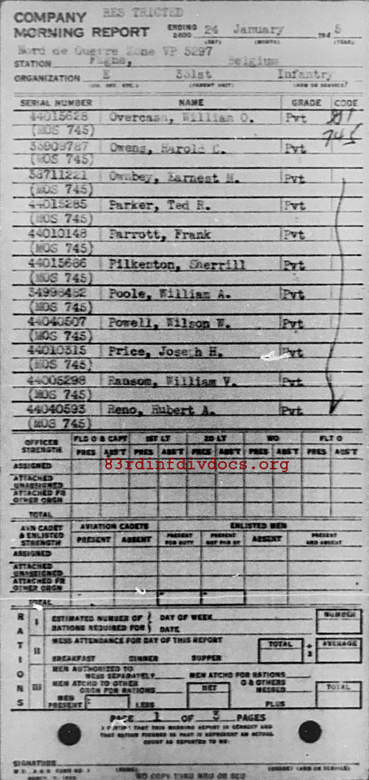Morning report E Co, 1945-01-24, page 1 Morning report